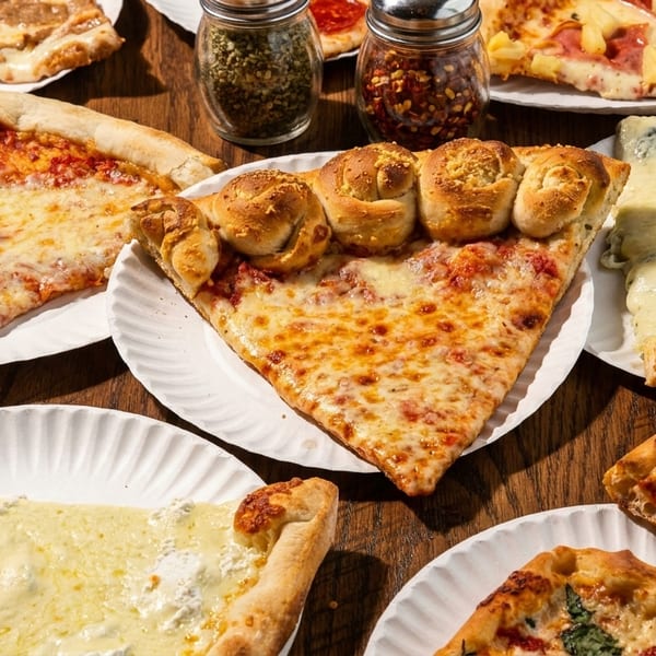 Assortment of pizza slices on paper plates, including cheese, pepperoni, and spinach, with spice shakers.