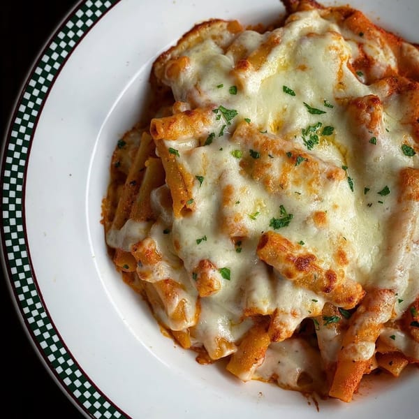Baked pasta with melted cheese and parsley in a white bowl with a checkered rim.